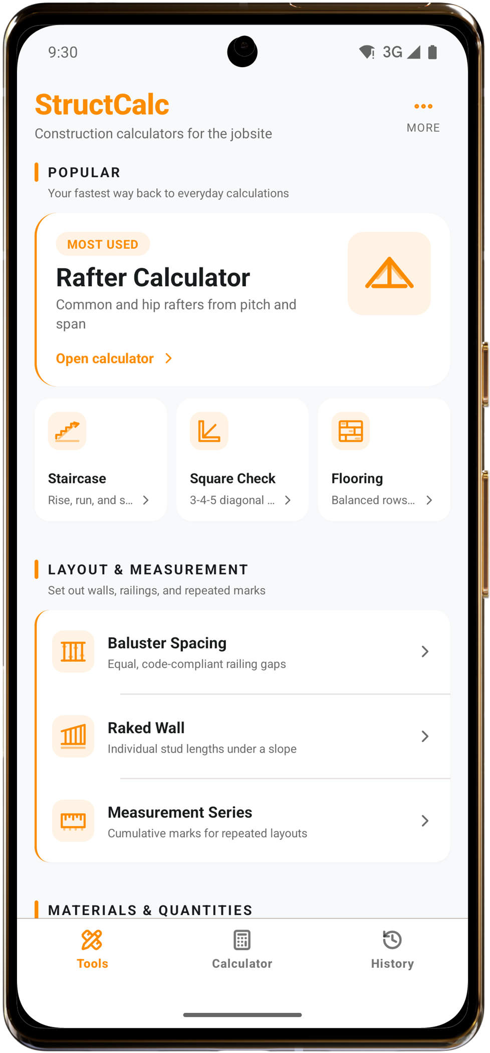 Pixel 8 phone showing the StructCalc tools overview: rafter calculator, staircase, square check, flooring, baluster spacing and raked wall tools