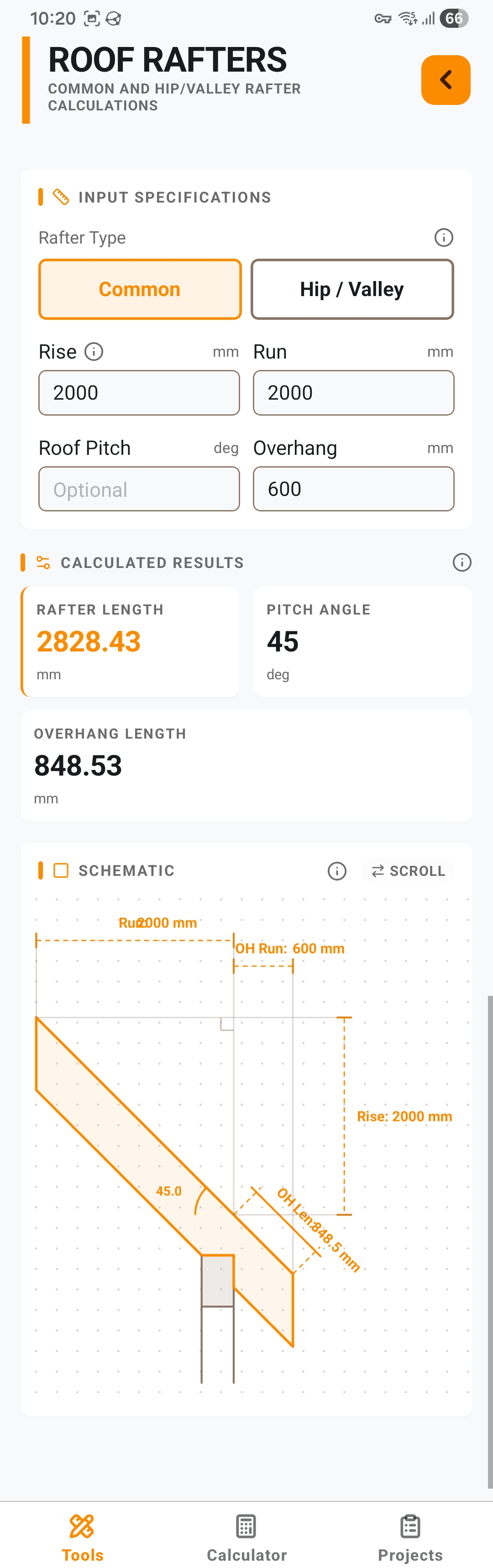 Rafter calculator screenshot